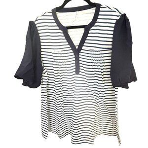 Falechay Womens 2XL Striped Top With Puff Sleeves & Button Detail